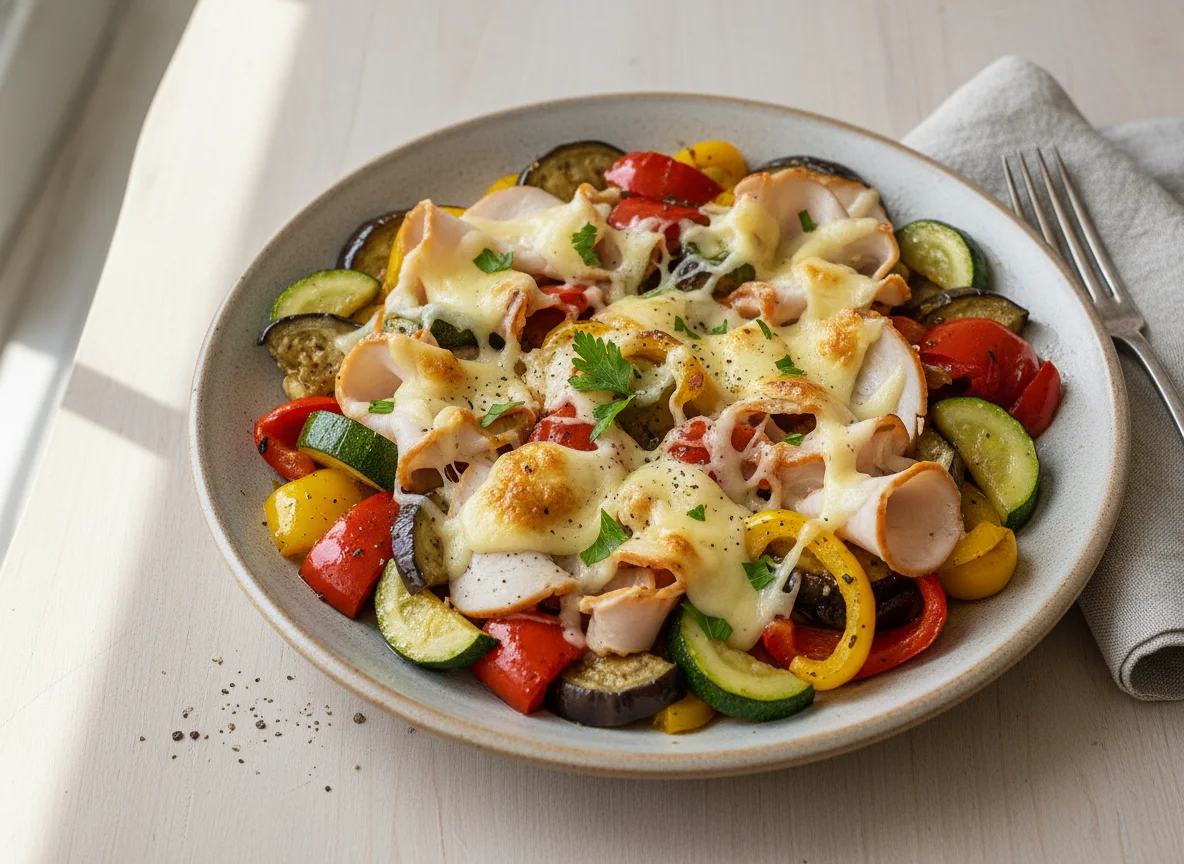 Gemüsepfanne mit Käse und Putenbrust photo