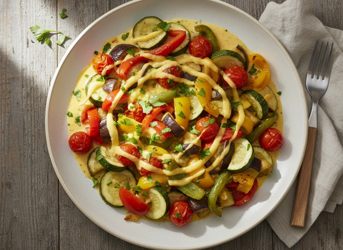 Gemüsepfanne mit Käsesauce photo