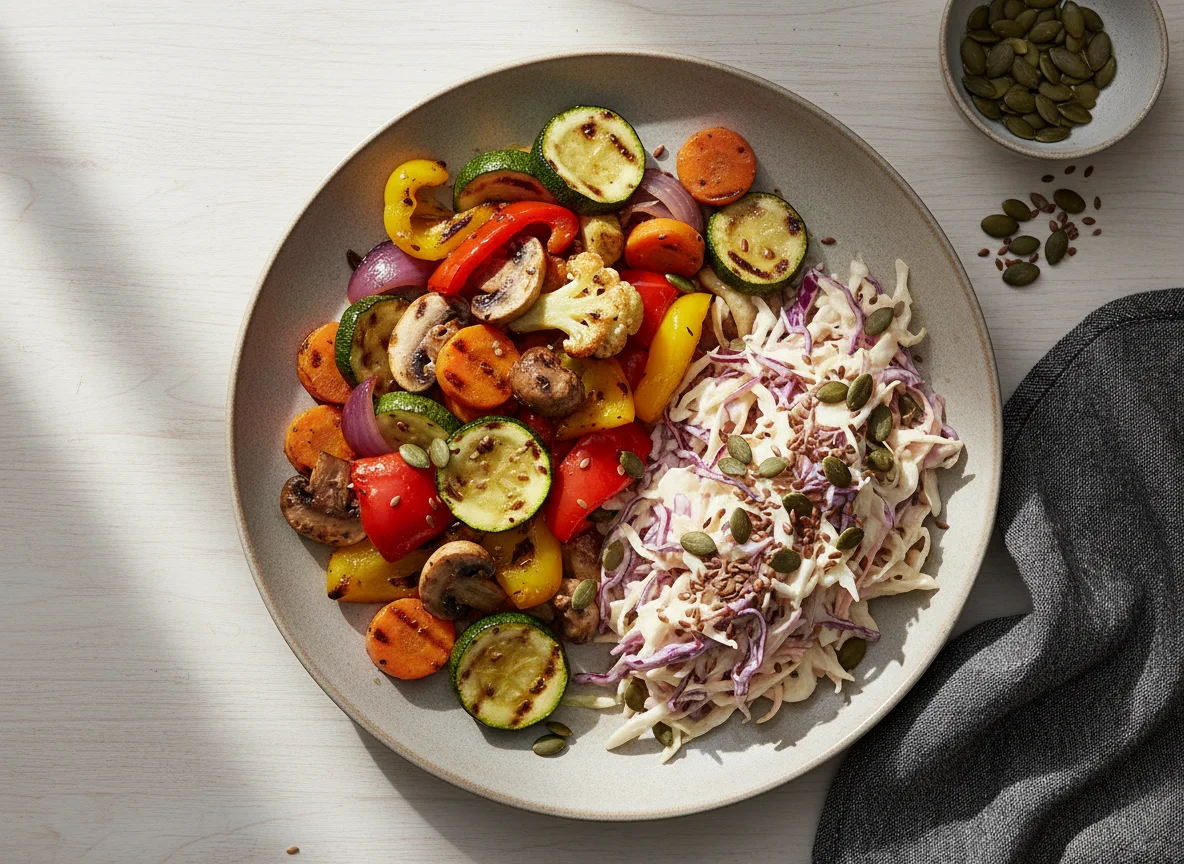 Gemüsepfanne mit Krautsalat und Kernen photo