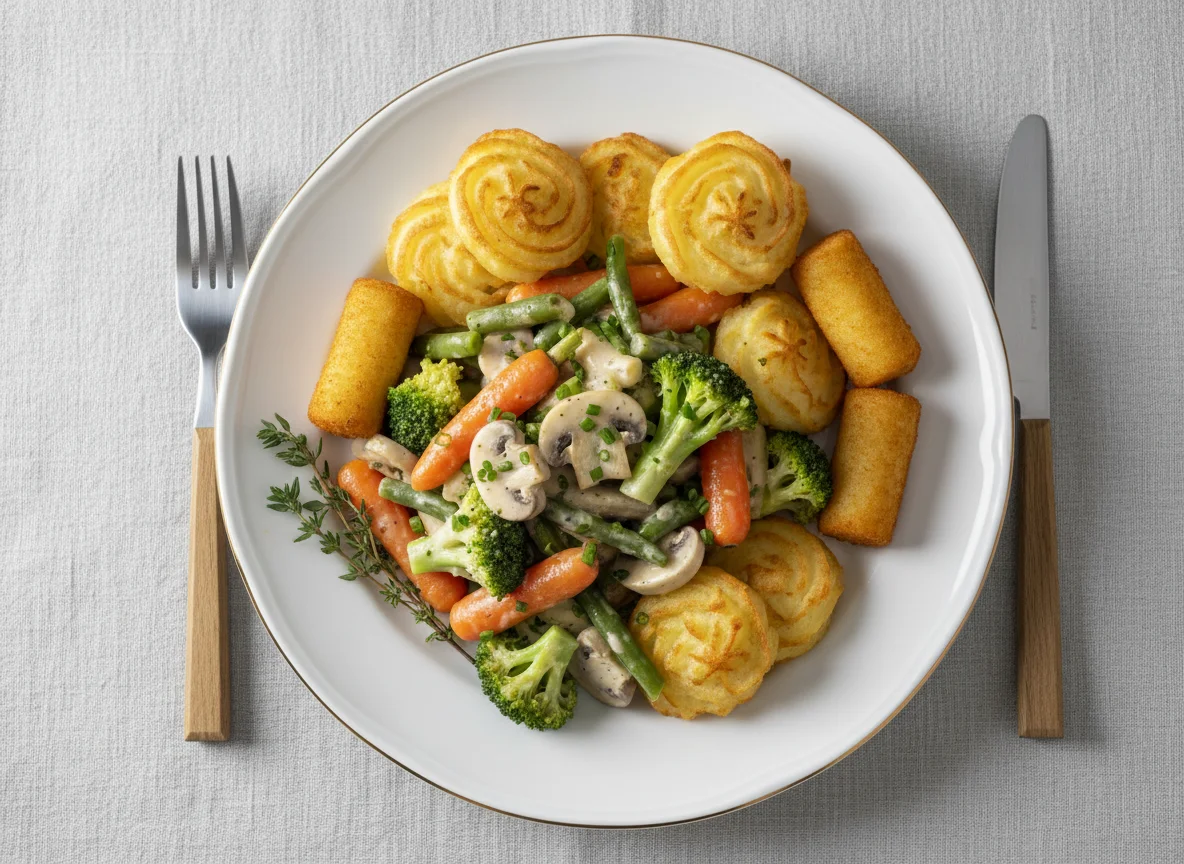 Gemüsepfanne mit Kroketten und Herzoginkartoffeln photo