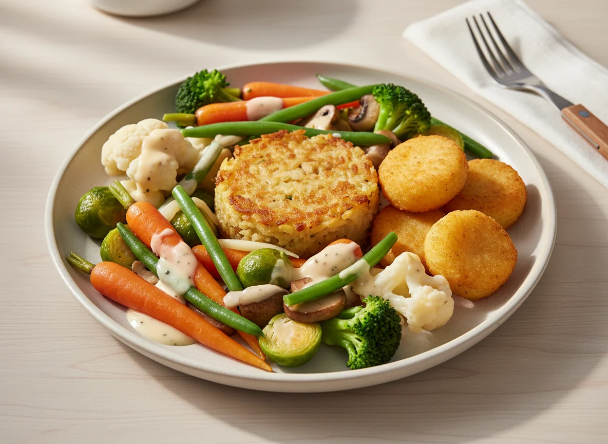 Gemüsepfanne mit Kroketten und Rösti photo