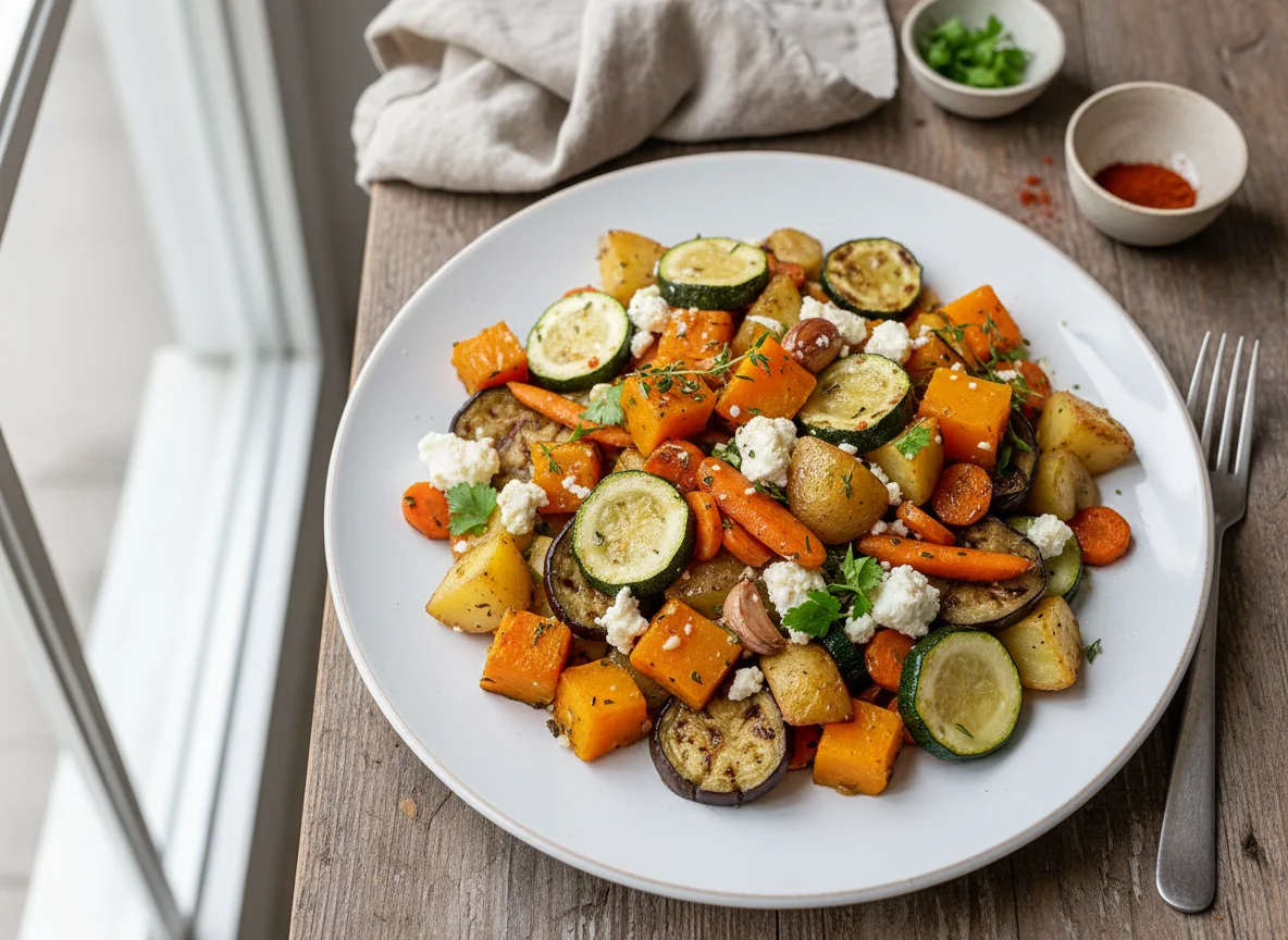 Gemüsepfanne mit Kürbis, Kartoffeln und Feta photo