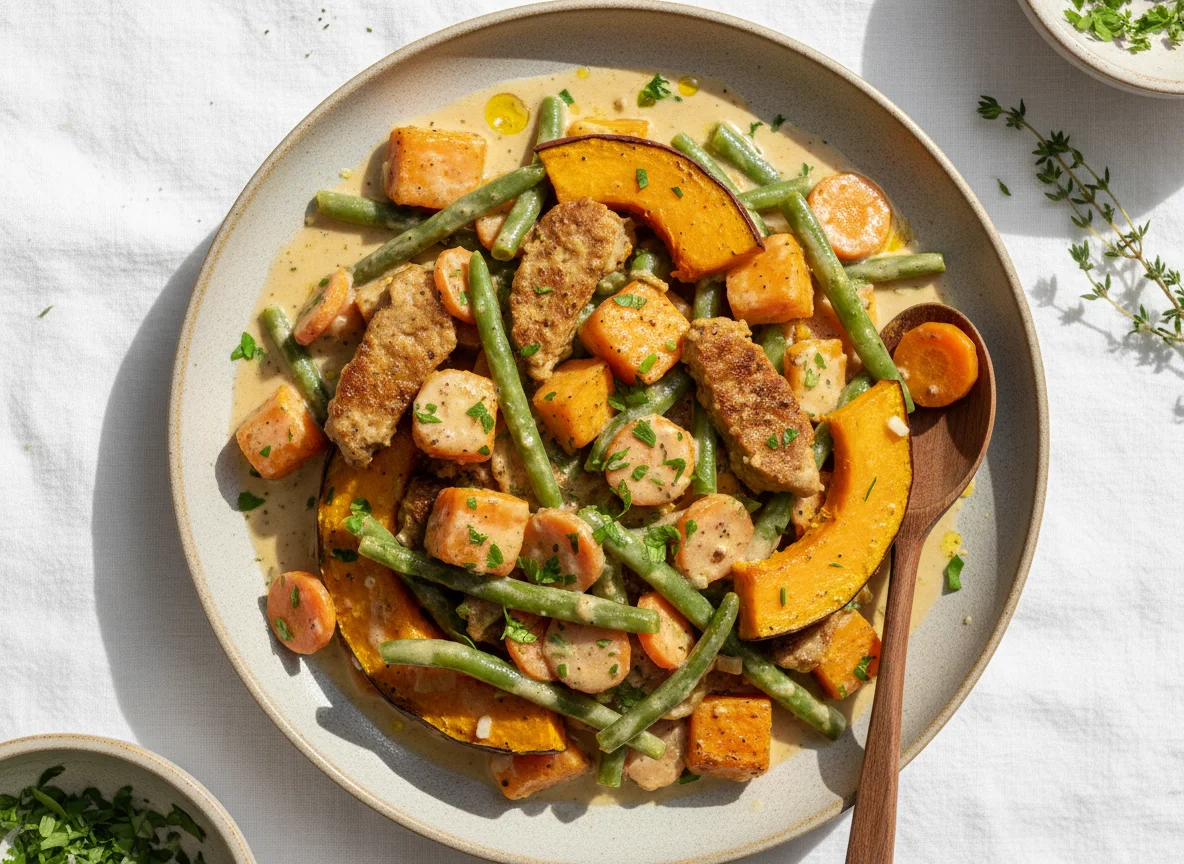 Gemüsepfanne mit Kürbis, Süßkartoffel, grüne Bohnen, seitan photo