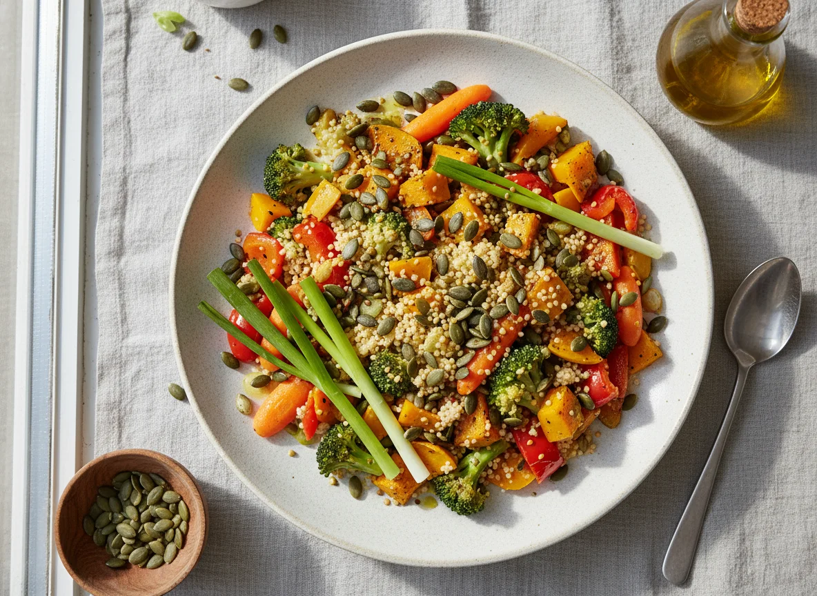 Gemüsepfanne mit Kürbiskernen und Couscous photo