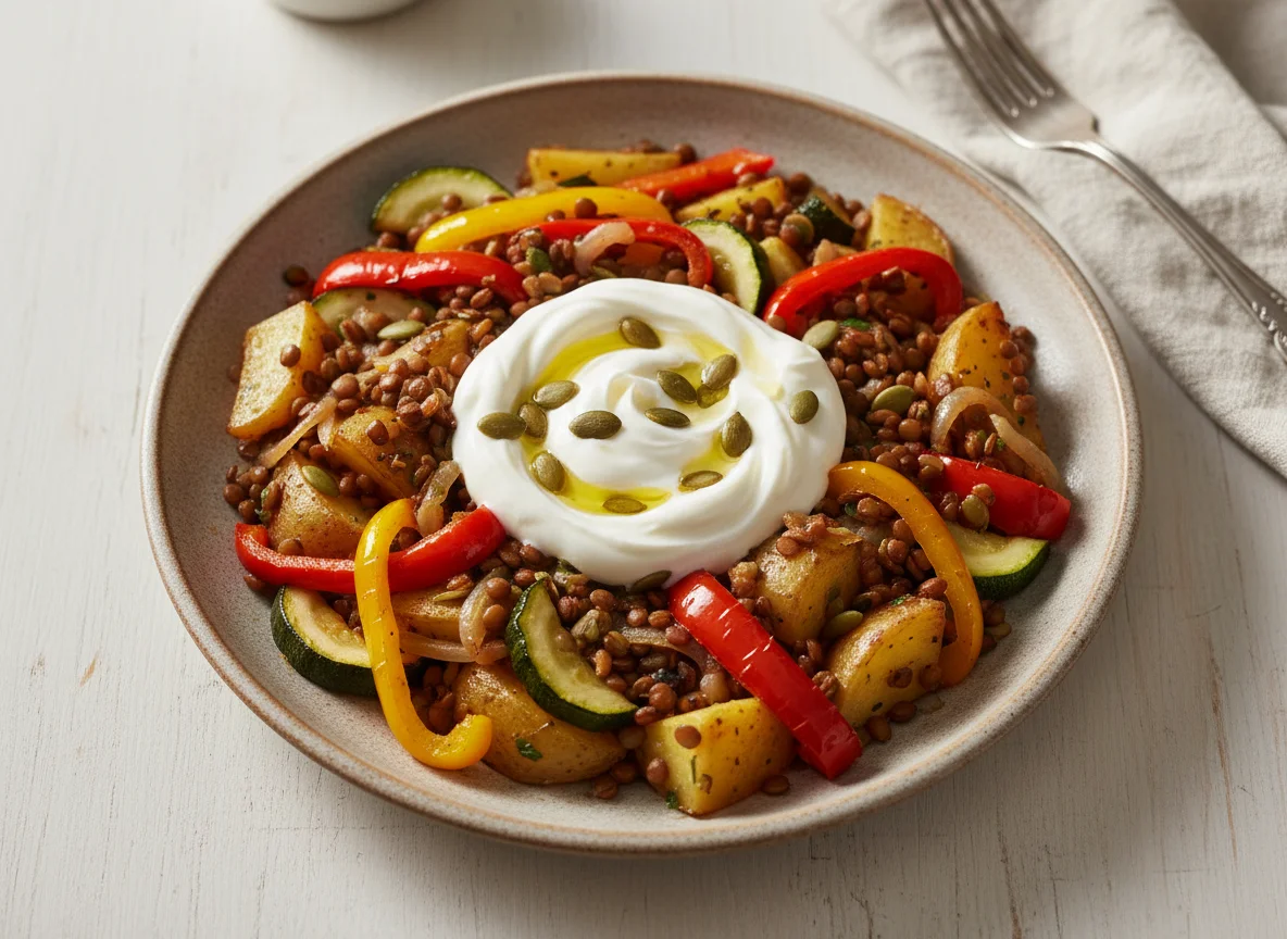 Gemüsepfanne mit Linsen und Joghurt photo