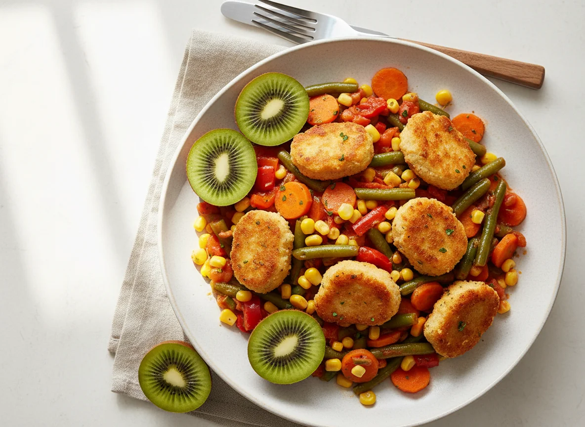 Gemüsepfanne mit Nuggets und Kiwi photo