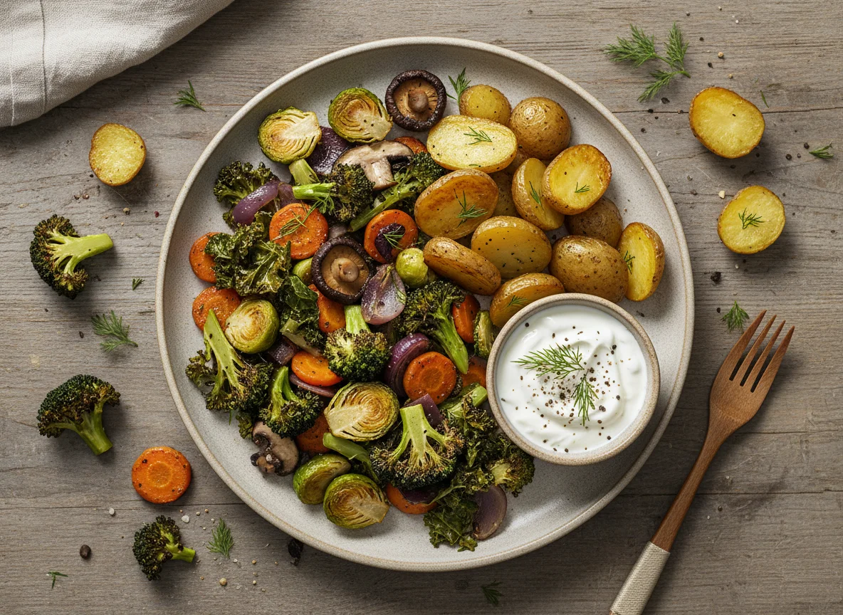 Gemüsepfanne mit Ofenkartoffeln und Dip photo