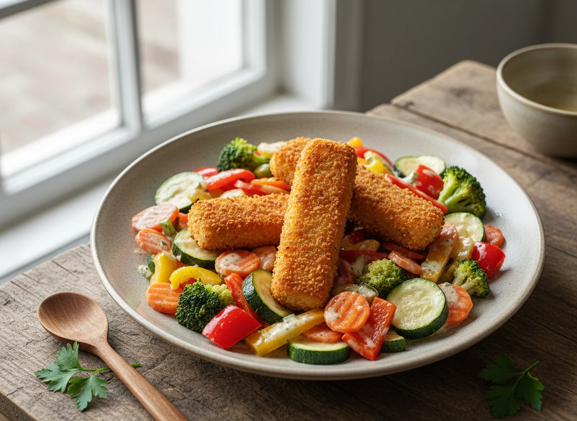 Gemüsepfanne mit panierten vegetarischen Sticks photo