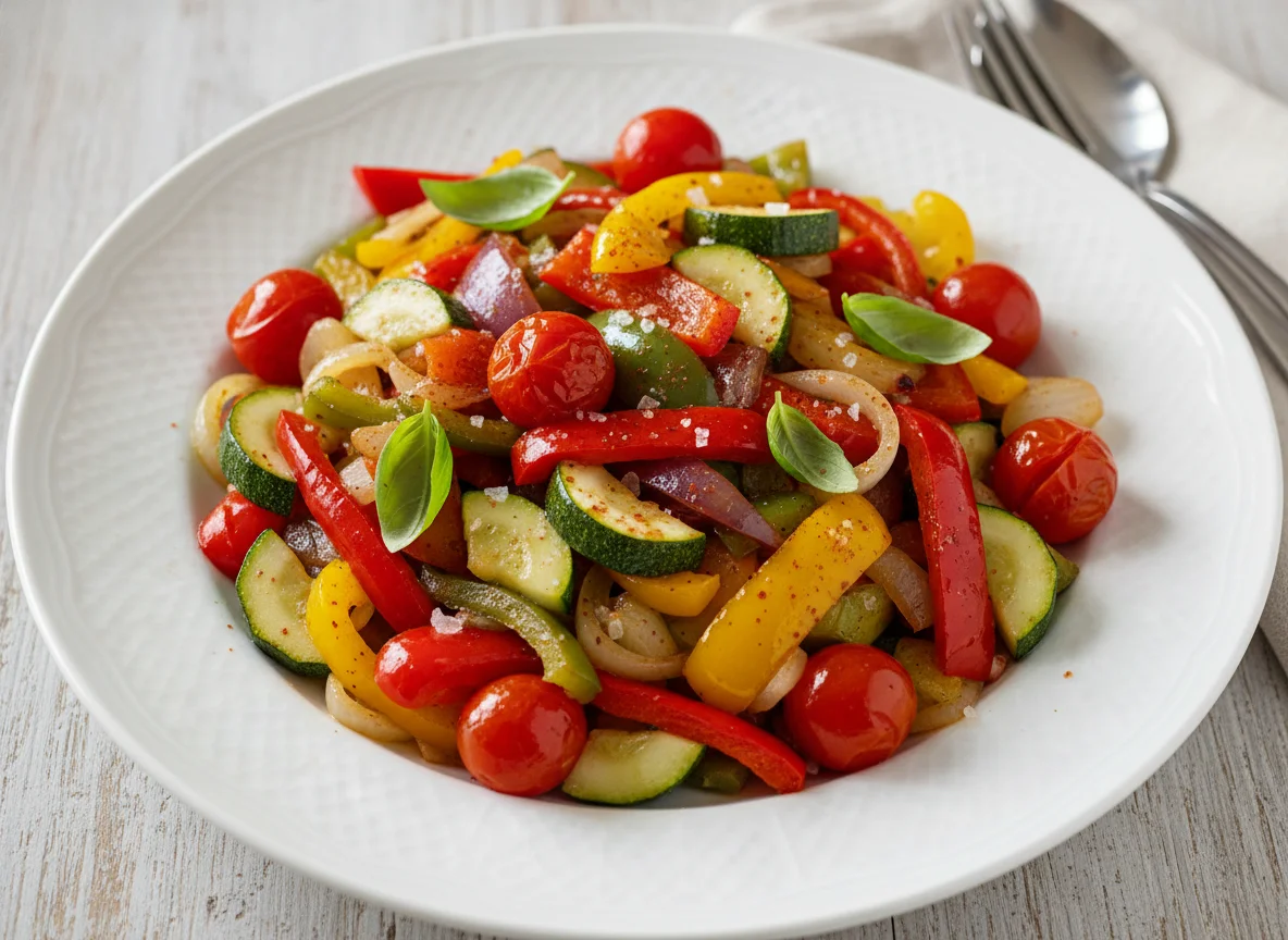 Gemüsepfanne mit Paprika, Zucchini, Zwiebeln und Tomaten photo