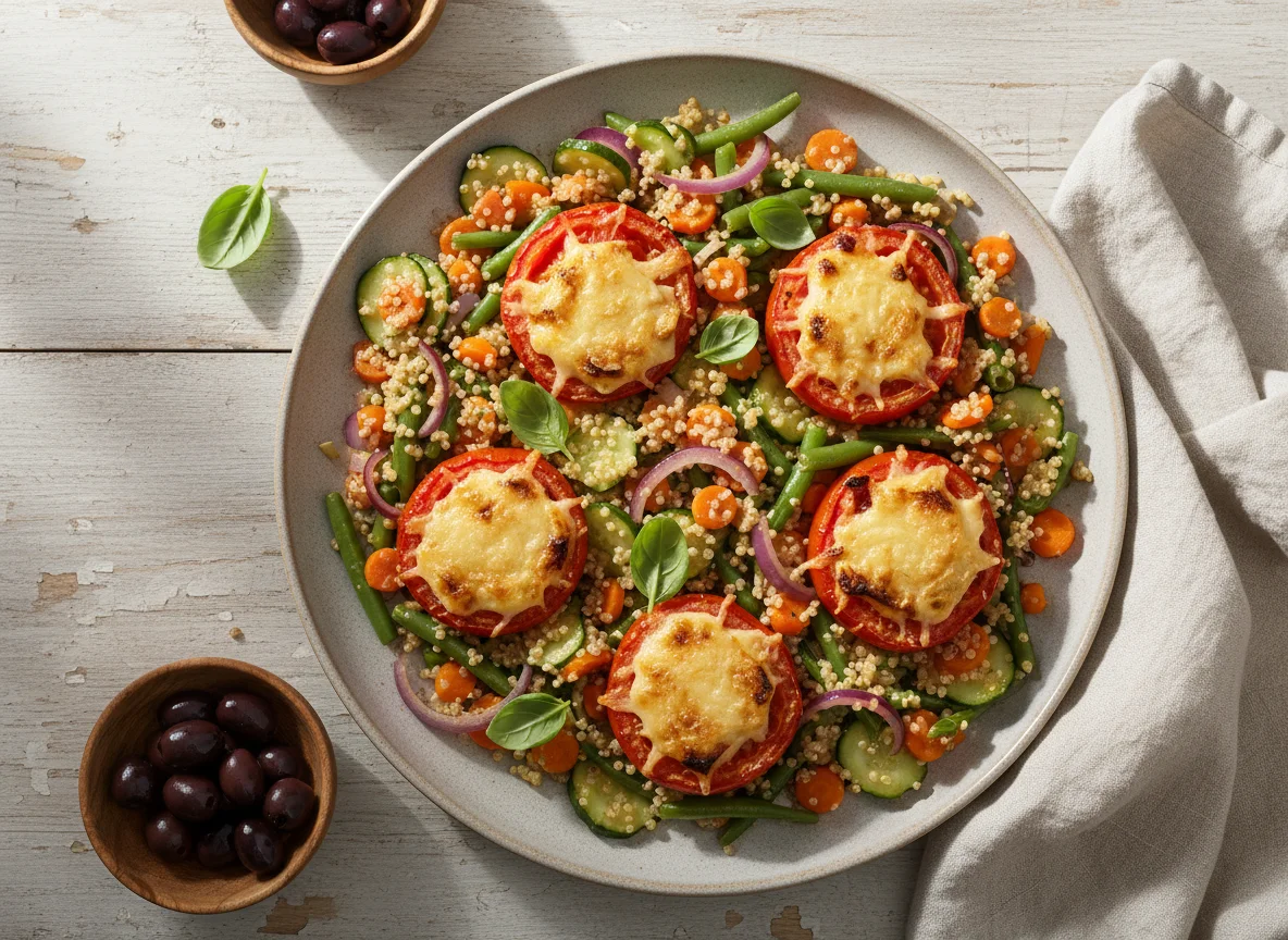 Gemüsepfanne mit Quinoa und überbackenen Tomaten photo