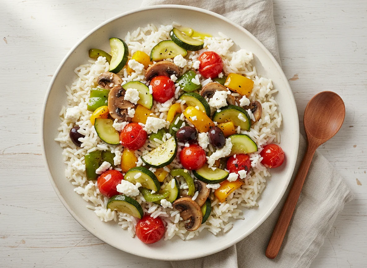 Gemüsepfanne mit Reis und Feta photo