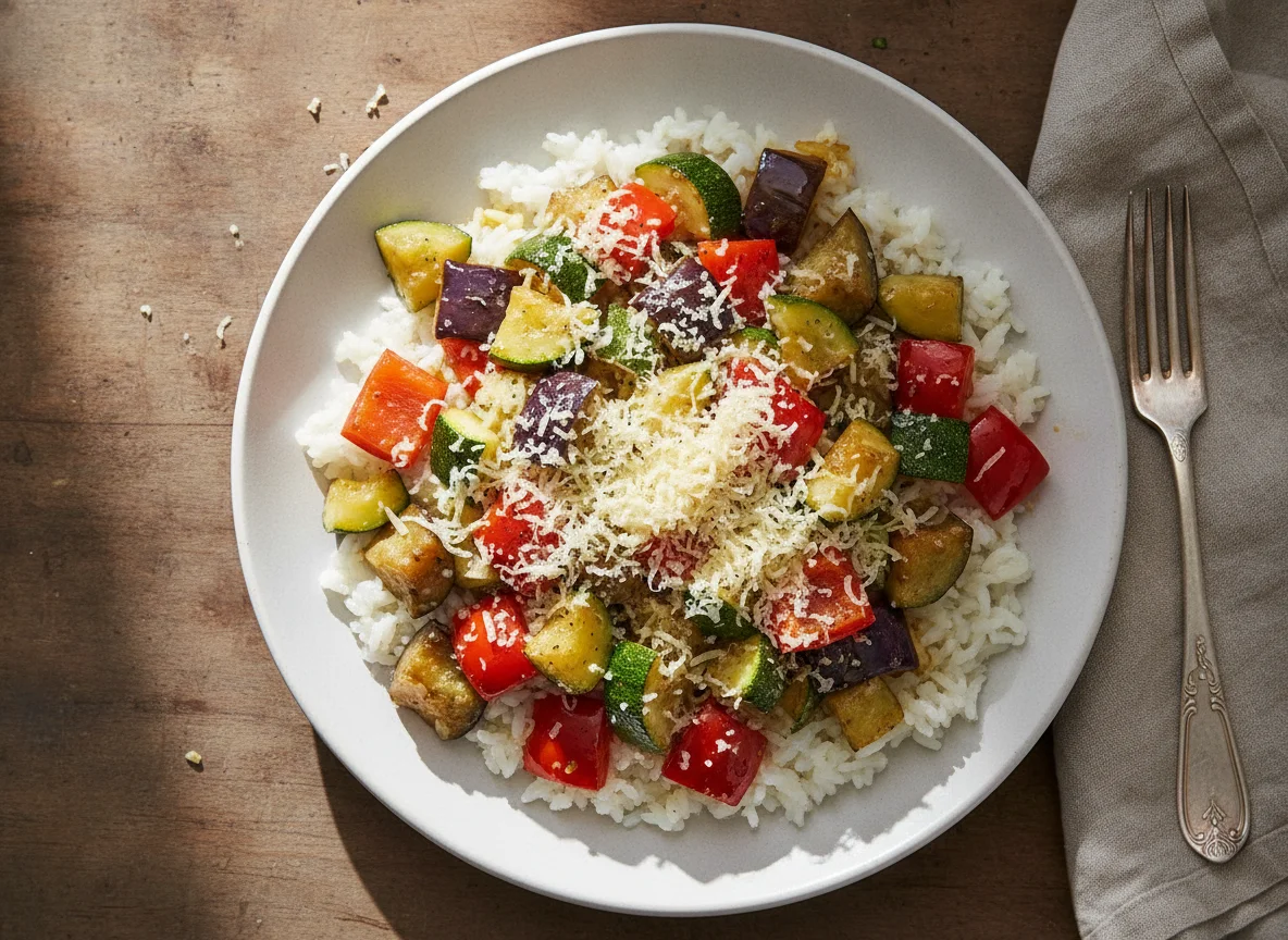 Gemüsepfanne mit Reis und Käse photo