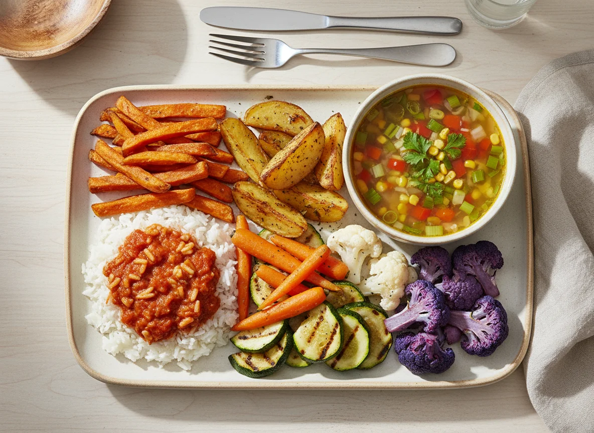 Gemüsepfanne mit Reis und Suppe photo