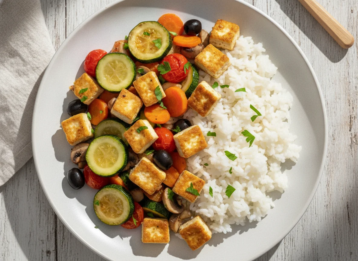 Gemüsepfanne mit Reis und Tofu photo