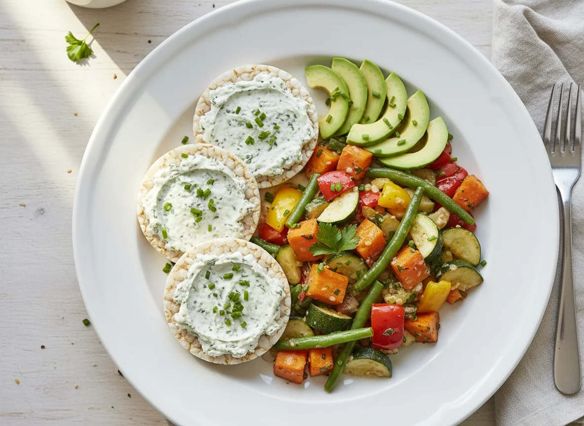 Gemüsepfanne mit Reiswaffeln und Avocado photo
