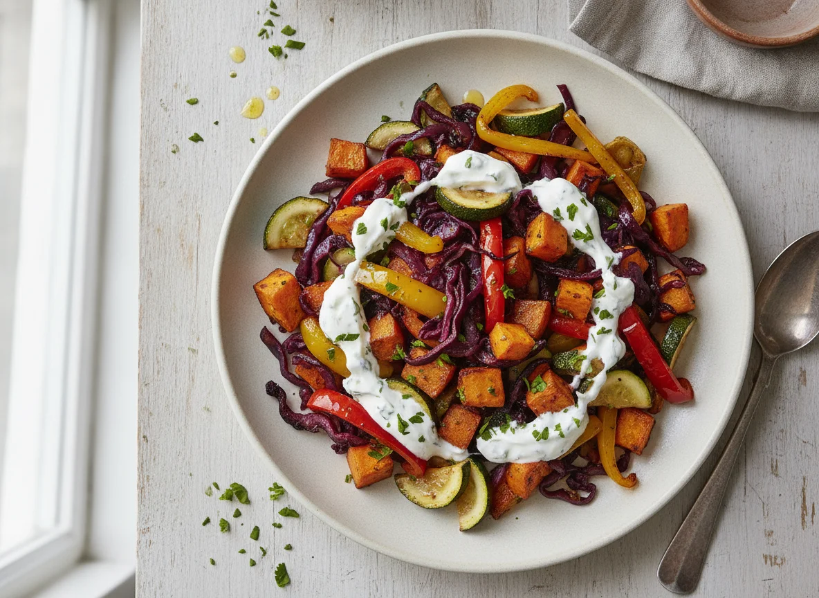 Gemüsepfanne mit Rotkohl und Joghurt-Dressing photo