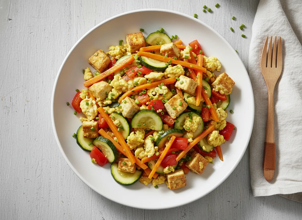 Gemüsepfanne mit Rührei und Tofu photo