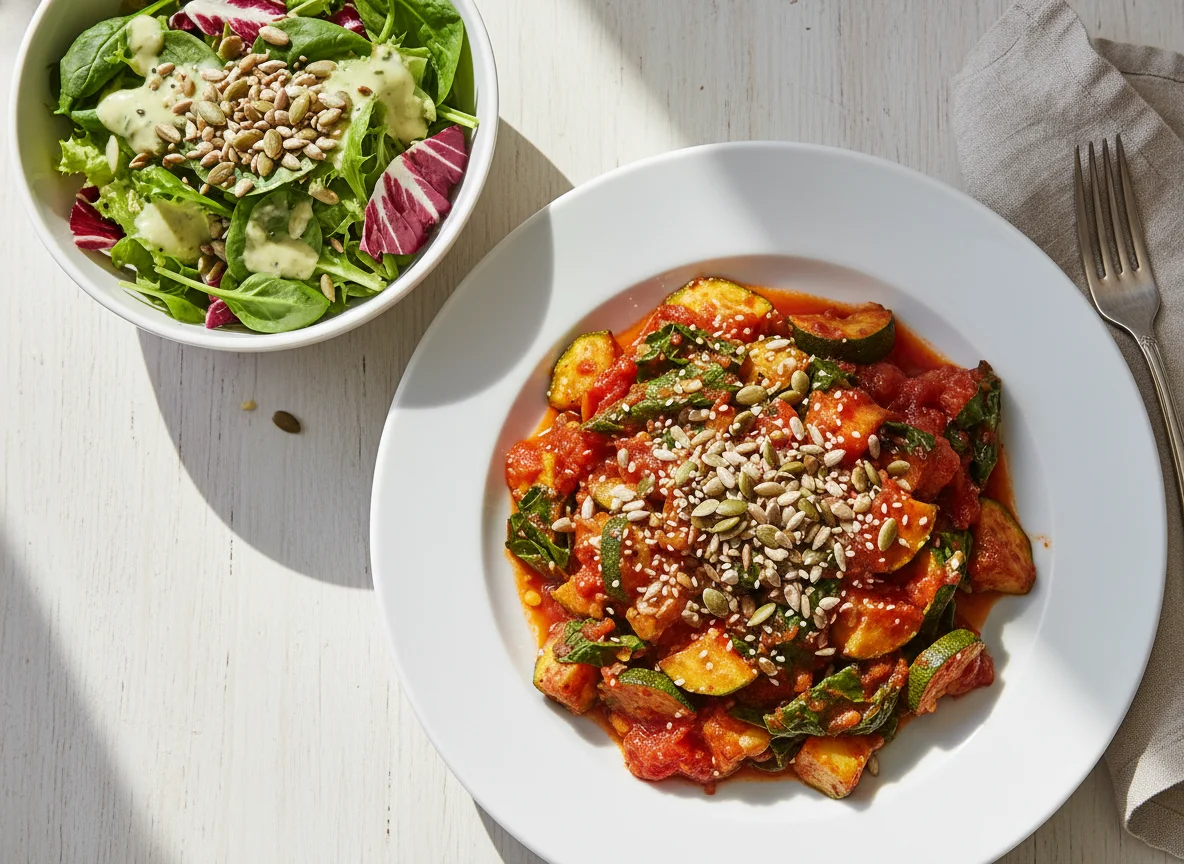 Gemüsepfanne mit Salat photo