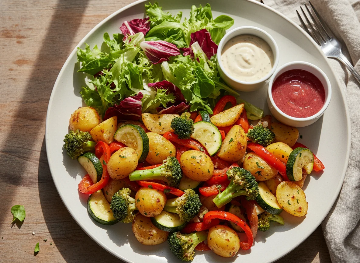 Gemüsepfanne mit Salat und zwei Saucen photo