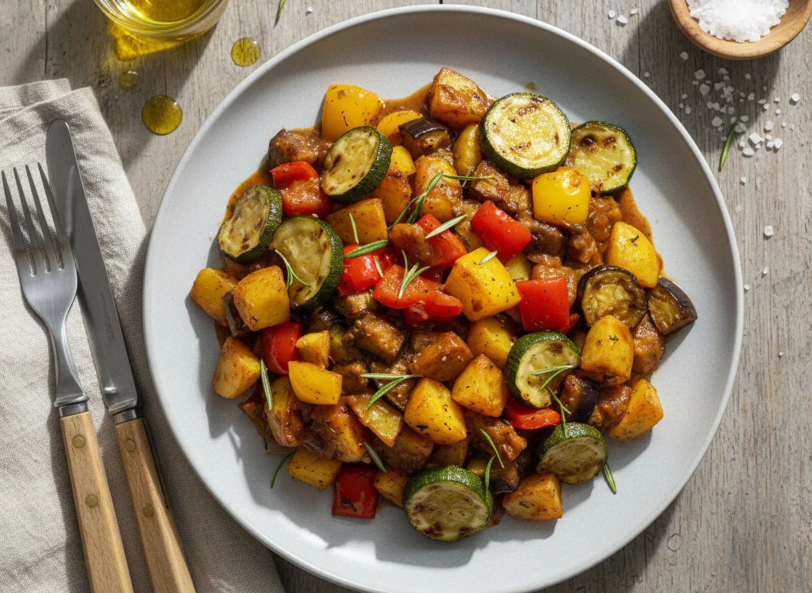 Gemüsepfanne mit Sauce und Beilage photo