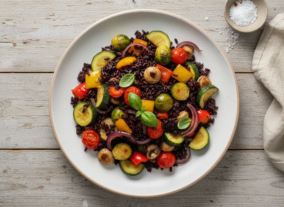 Gemüsepfanne mit schwarzem Reis photo