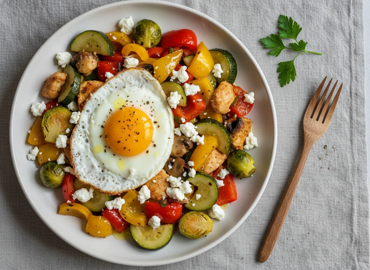 Gemüsepfanne mit Spiegelei und Feta photo