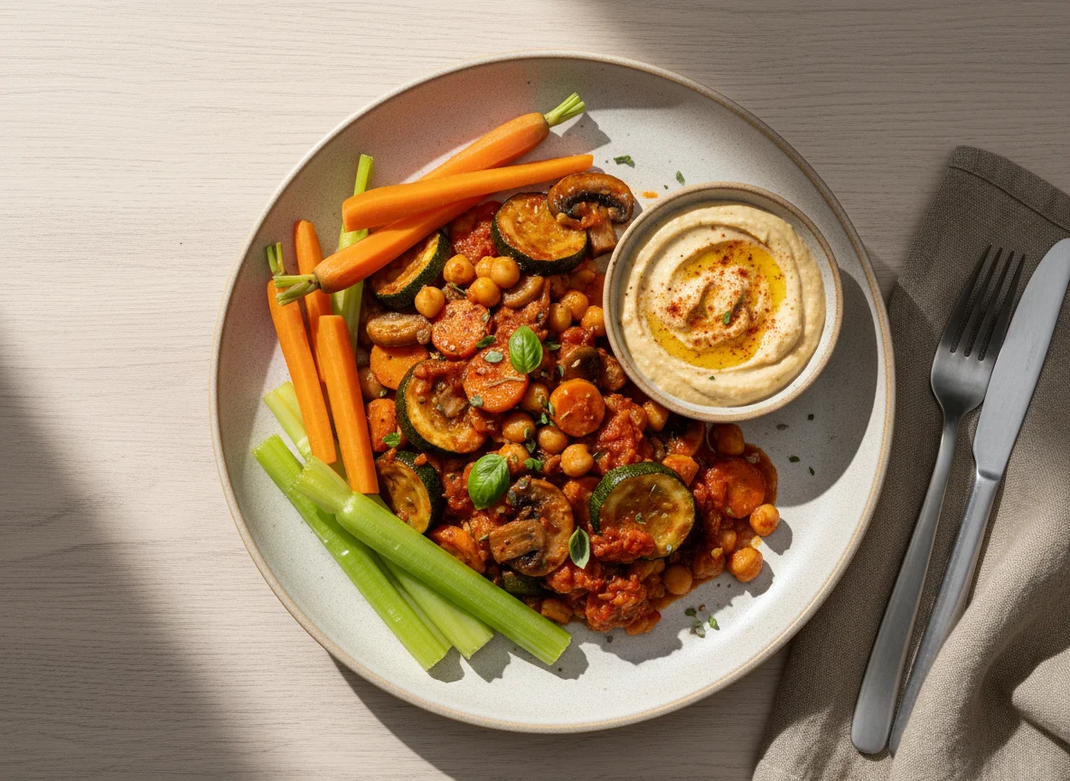 Gemüsepfanne mit Tomatensauce und Dip photo
