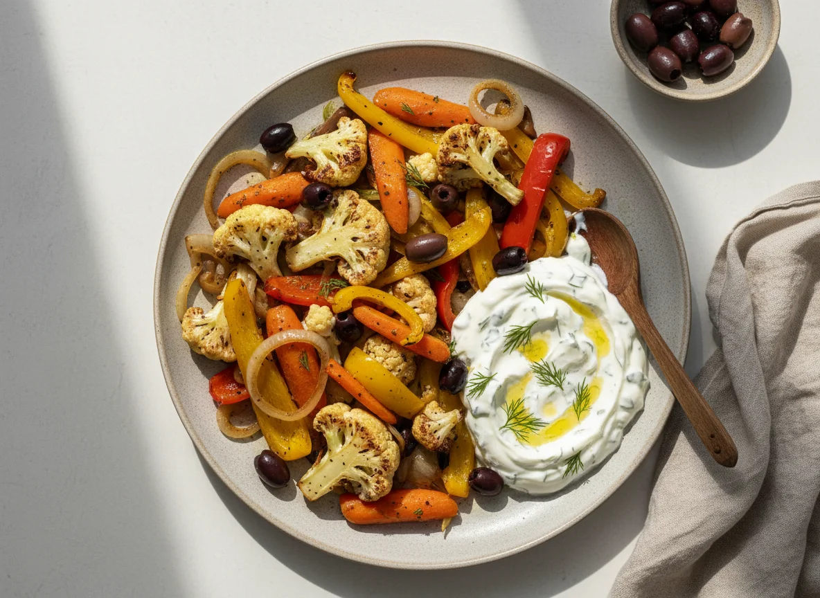 Gemüsepfanne mit Tzatziki photo