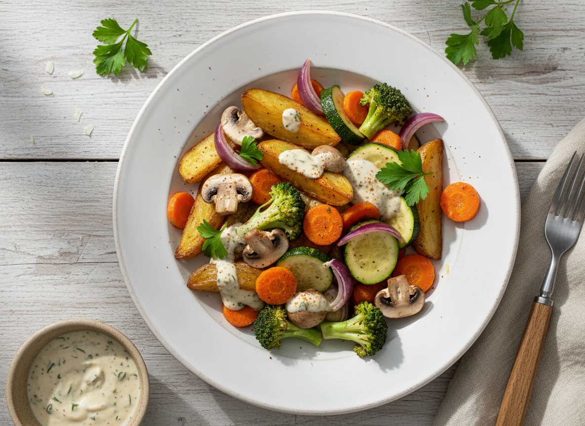 Gemüsepfanne mit Zwiebeln und Sauce photo