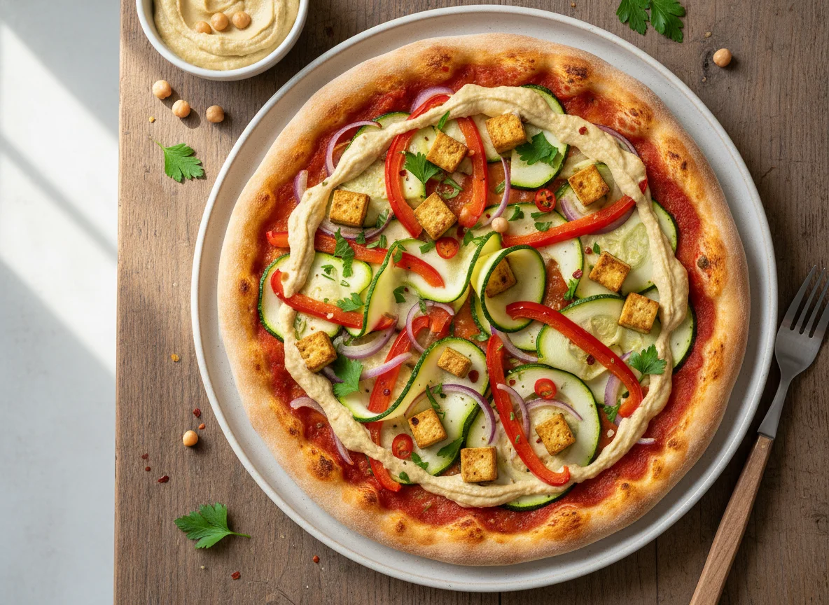 Gemüse-Pizza mit Hummus photo