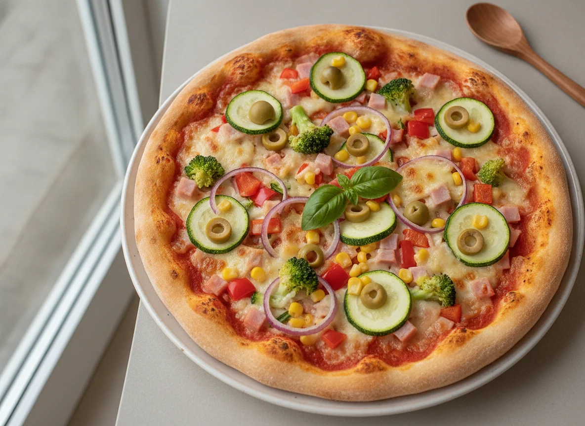 Gemüsepizza mit Schinken photo