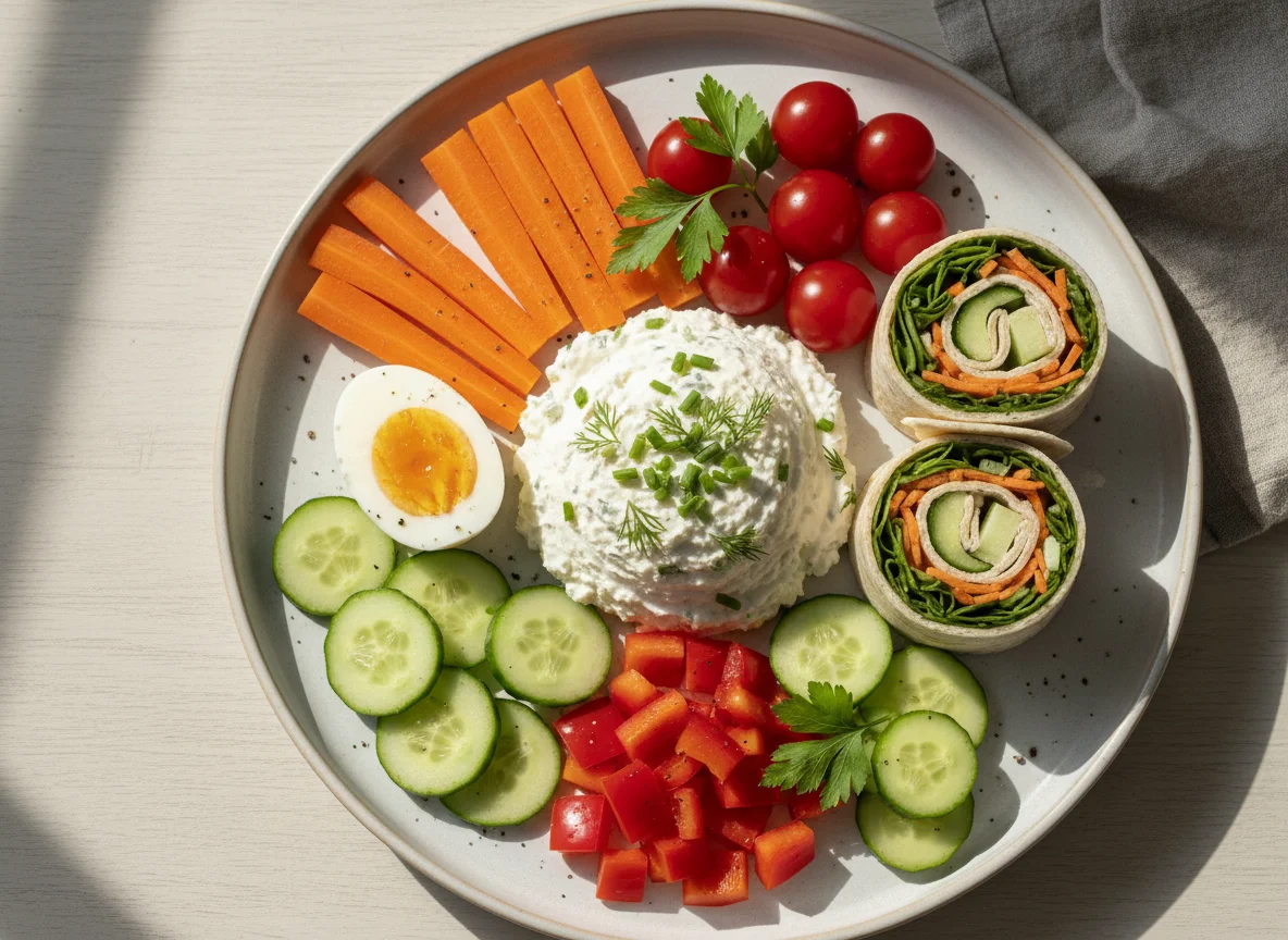 Gemüseplatte mit Hüttenkäse, Ei und Wraps photo