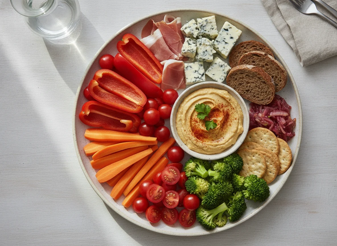 Gemüseplatte mit Käse und Aufstrich photo
