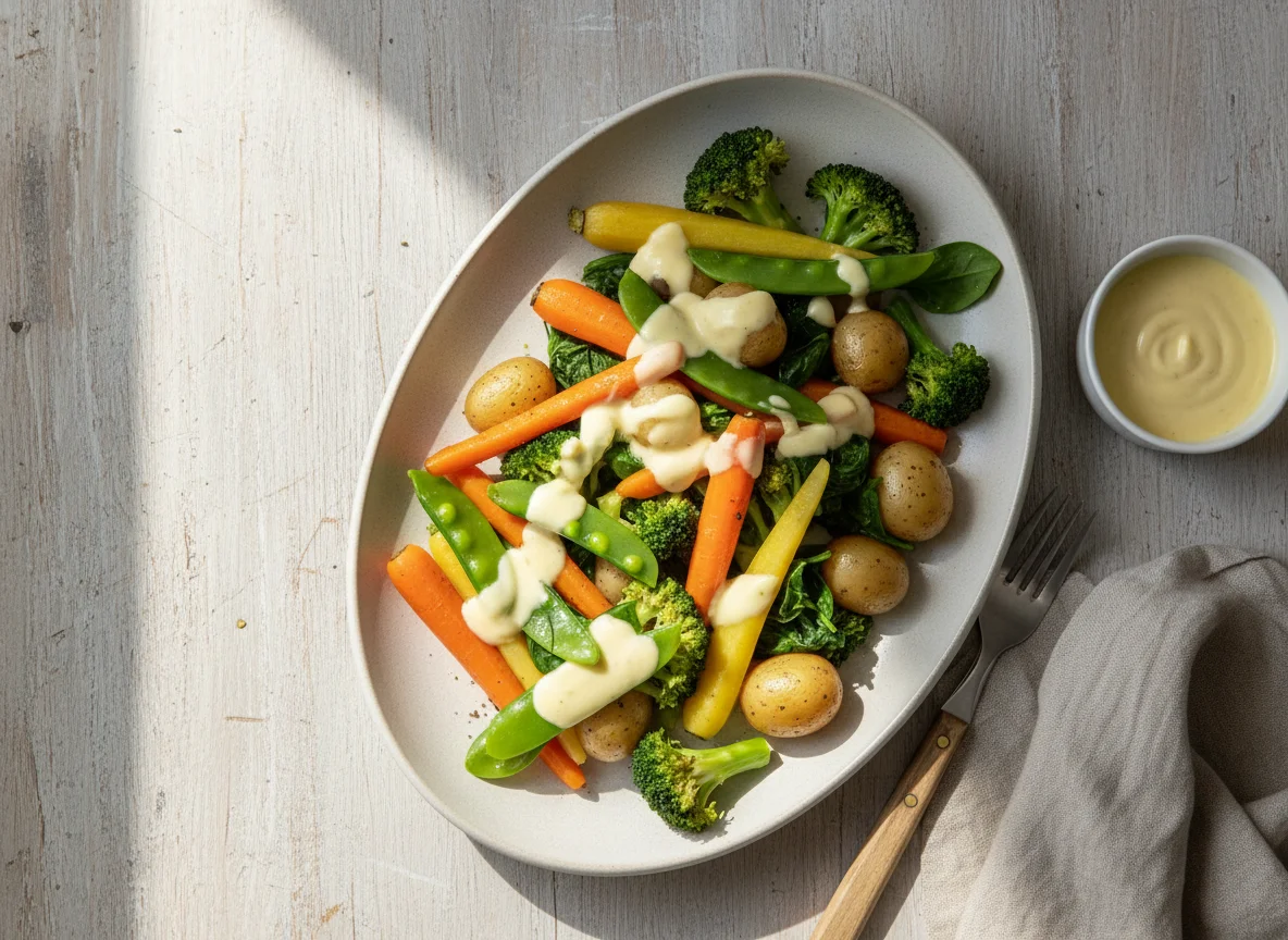 Gemüseplatte mit Sauce Hollandaise photo