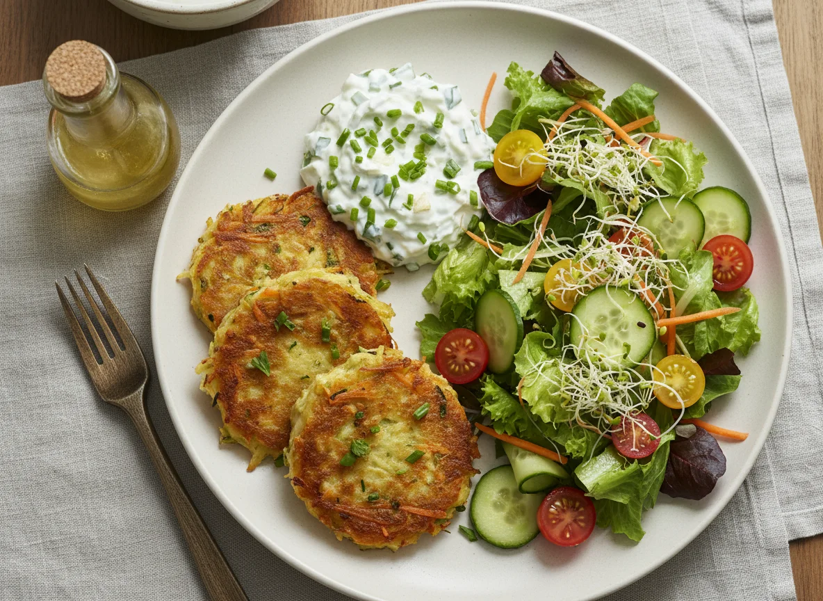 Gemüse-Puffer mit Kräuterquark und Salat photo