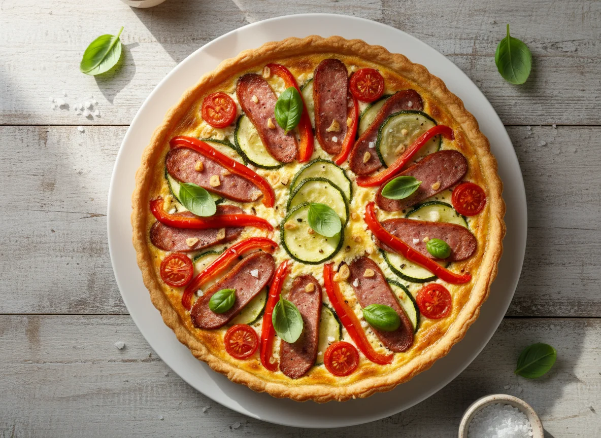 Gemüsequiche mit Mettwürstchen photo