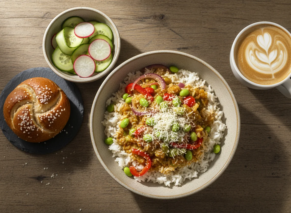 Gemüse-Reis-Bowl mit Salat und Kaffee photo