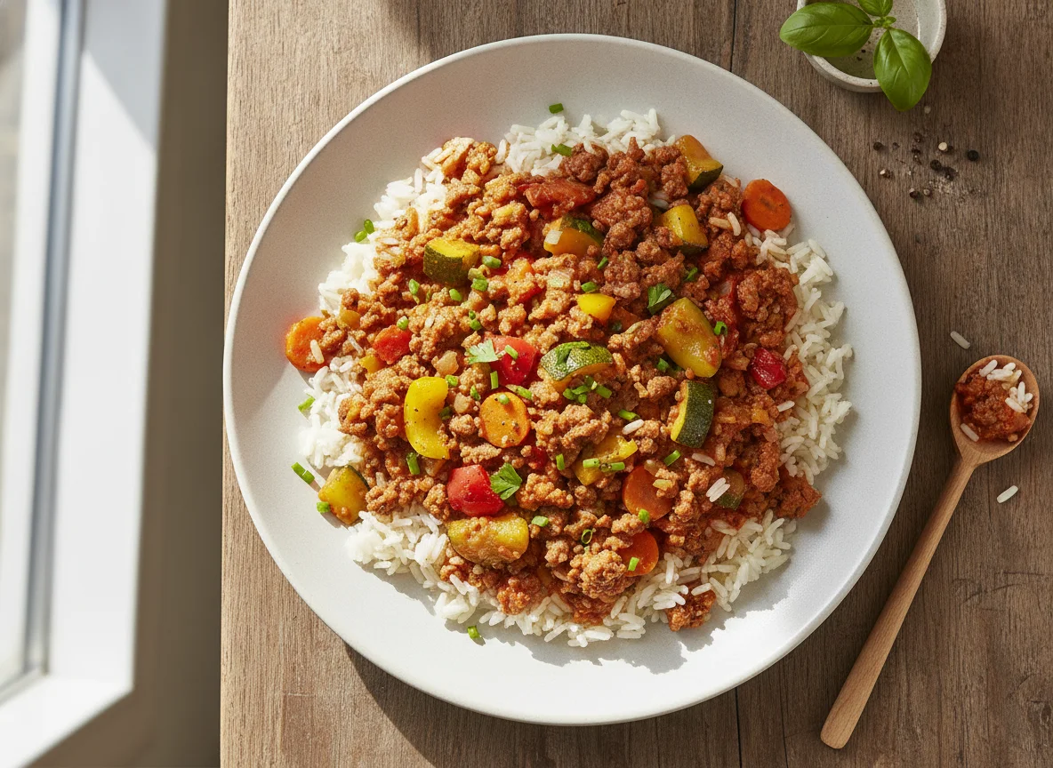 Gemüse-Reis-Pfanne mit Hackfleisch photo