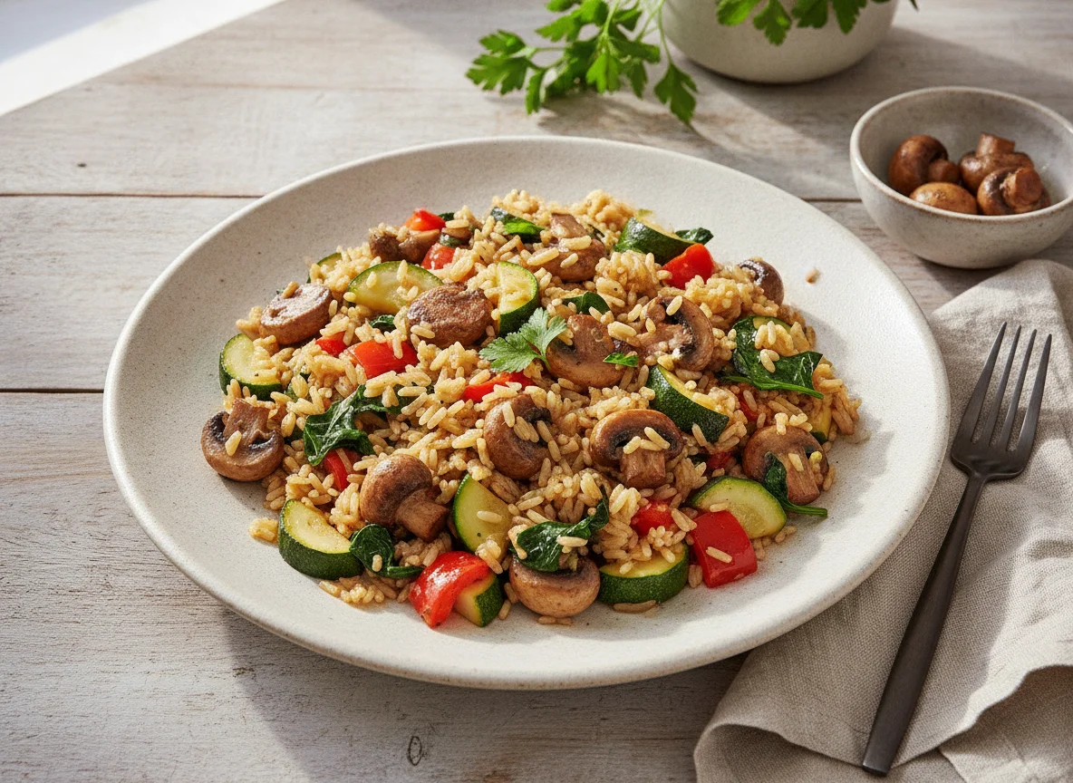 Gemüse-Reis-Pfanne mit Pilzen photo