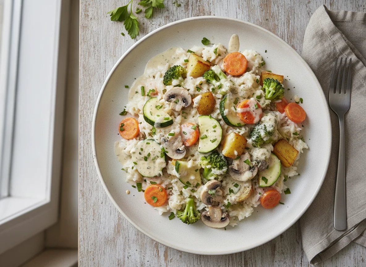 Gemüse-Reis-Pfanne mit Sahnesauce photo