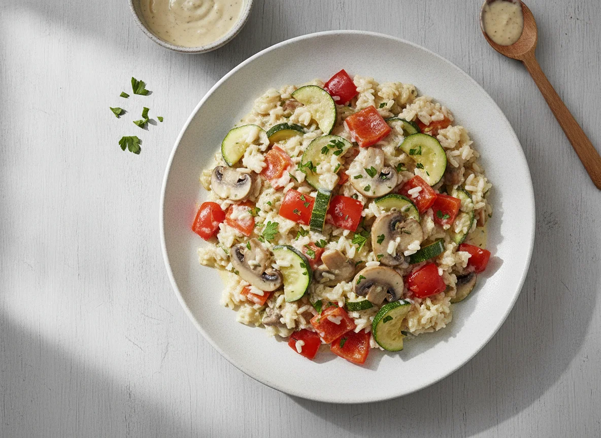 Gemüse-Reis-Pfanne mit Sauce photo
