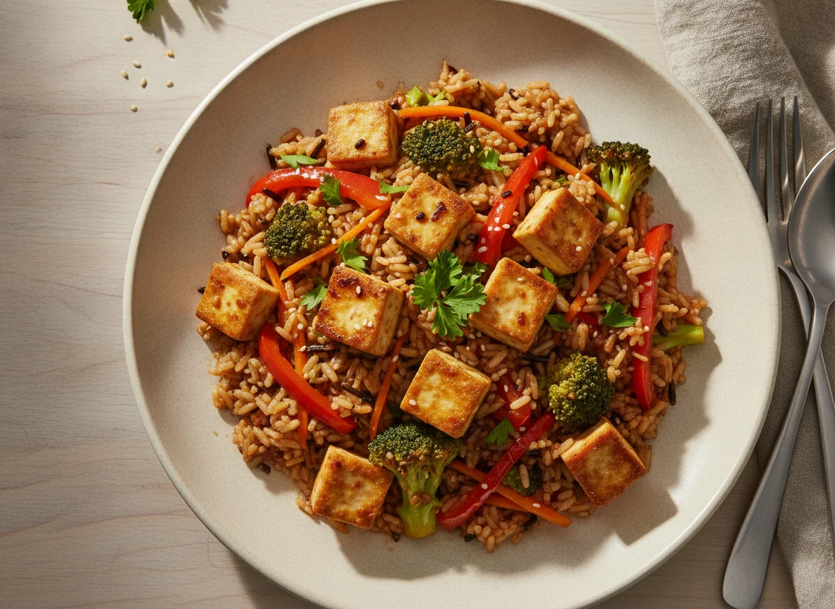 Gemüse-Reis-Pfanne mit Tofu photo
