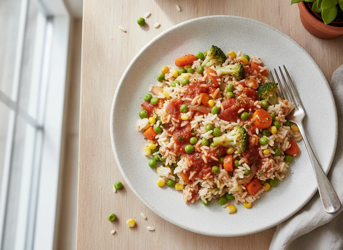 Gemüsereispfanne mit Tomatensauce photo