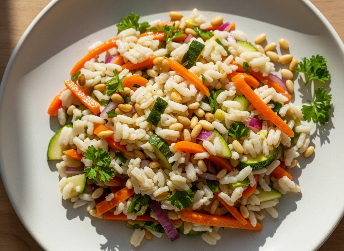 Gemüse-Reis-Salat mit Pinienkernen photo