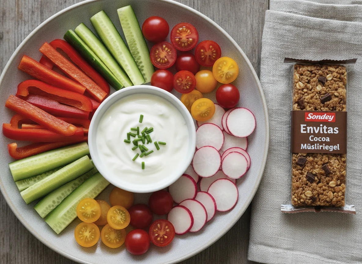 Gemüse-Snack mit Dip und Müsliriegel photo