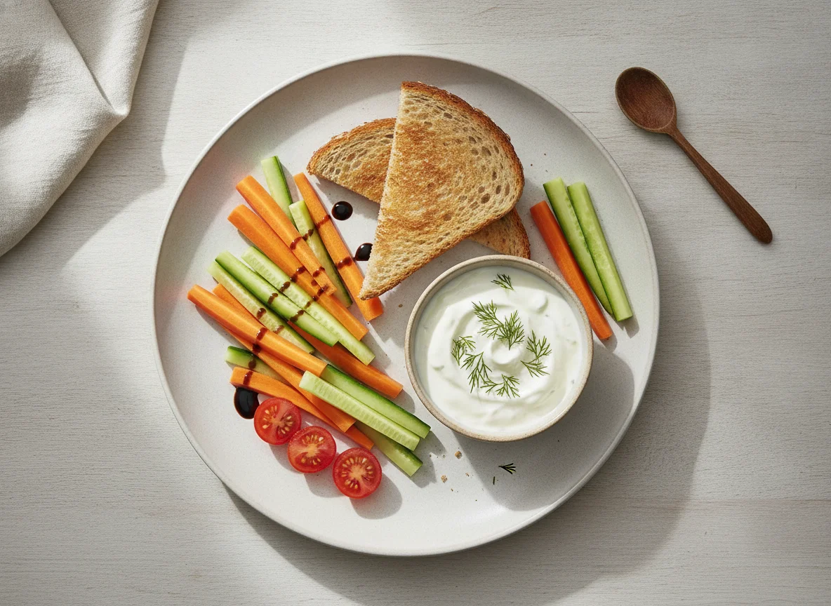 Gemüse-Snack mit Toast und Dip photo