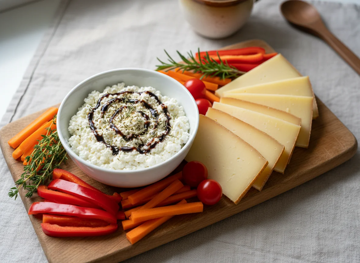 Gemüse-Snackplatte mit Hüttenkäse und Käse photo