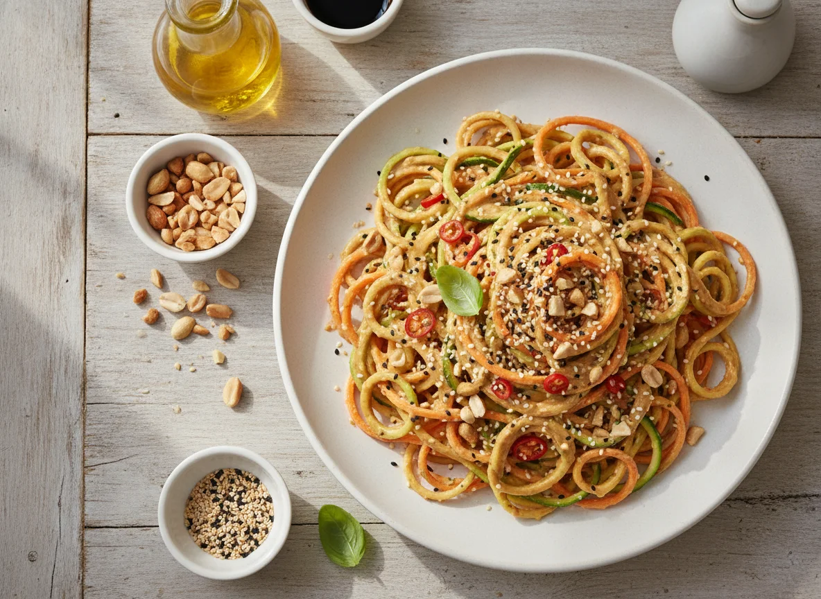 Gemüsespaghetti mit Sesam-Erdnuss-Sauce photo