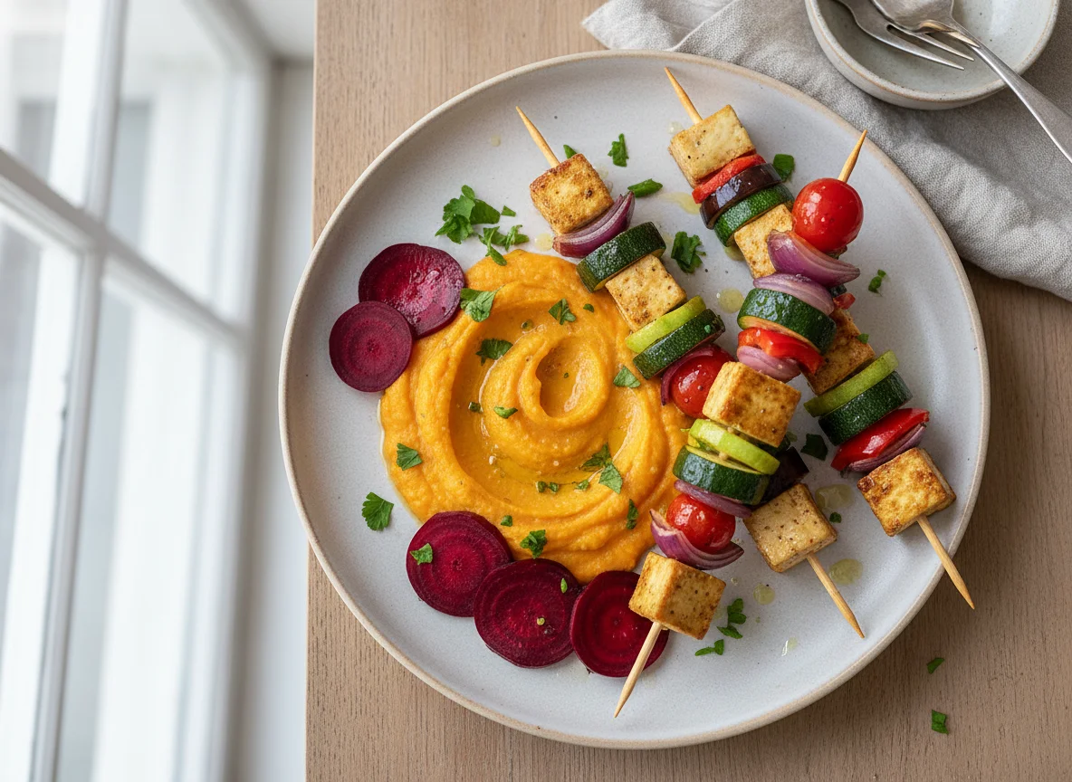 Gemüse-Spieße mit Süßkartoffelpüree und Rote Bete photo