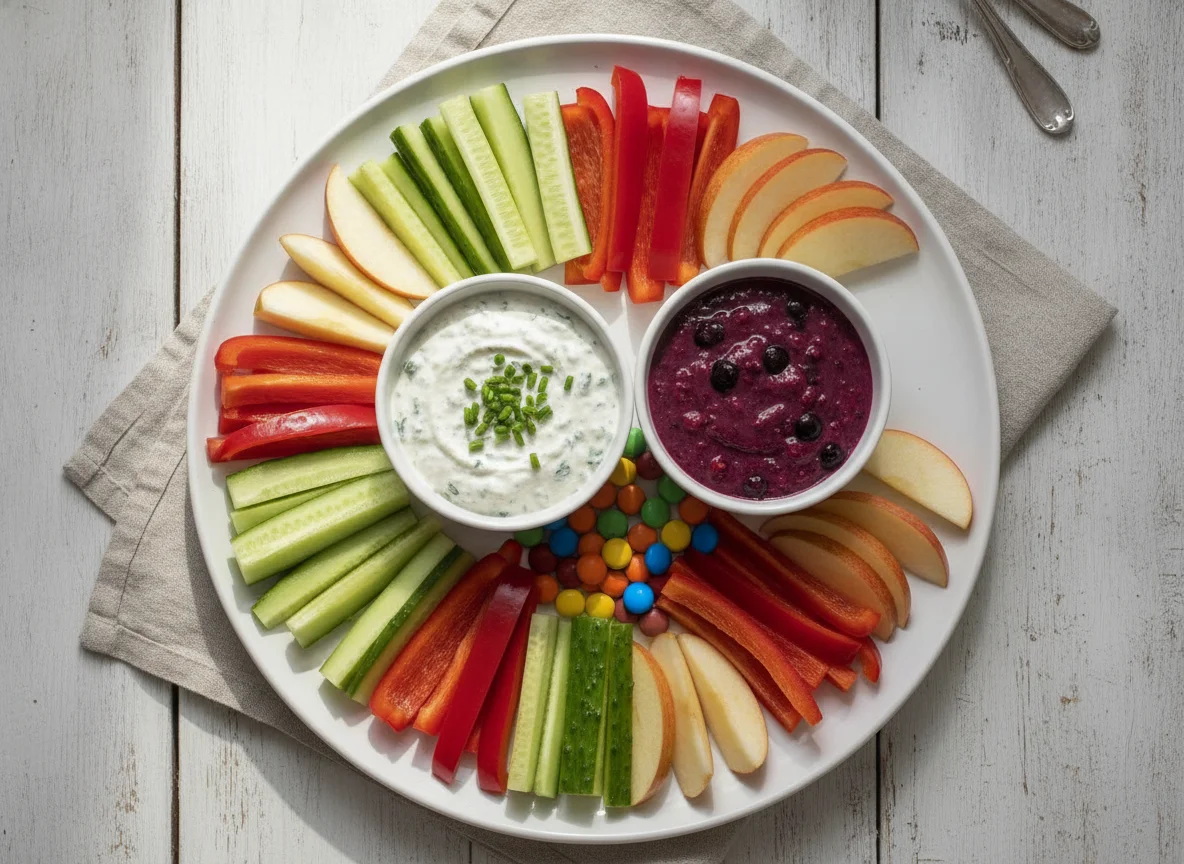Gemüsesticks mit Dip und Süßigkeiten photo